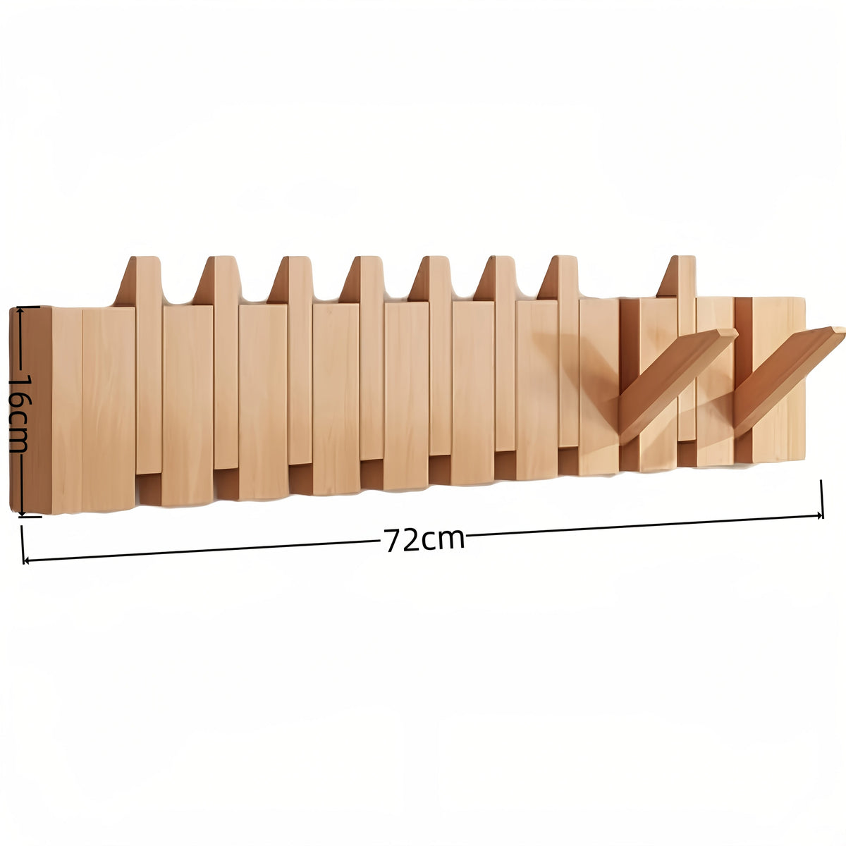 Coat Rack Wall Mounted Wood Piano-Key Rail with Fold-Down Hooks in 4, 6, 8 or 10 Hook Sizes