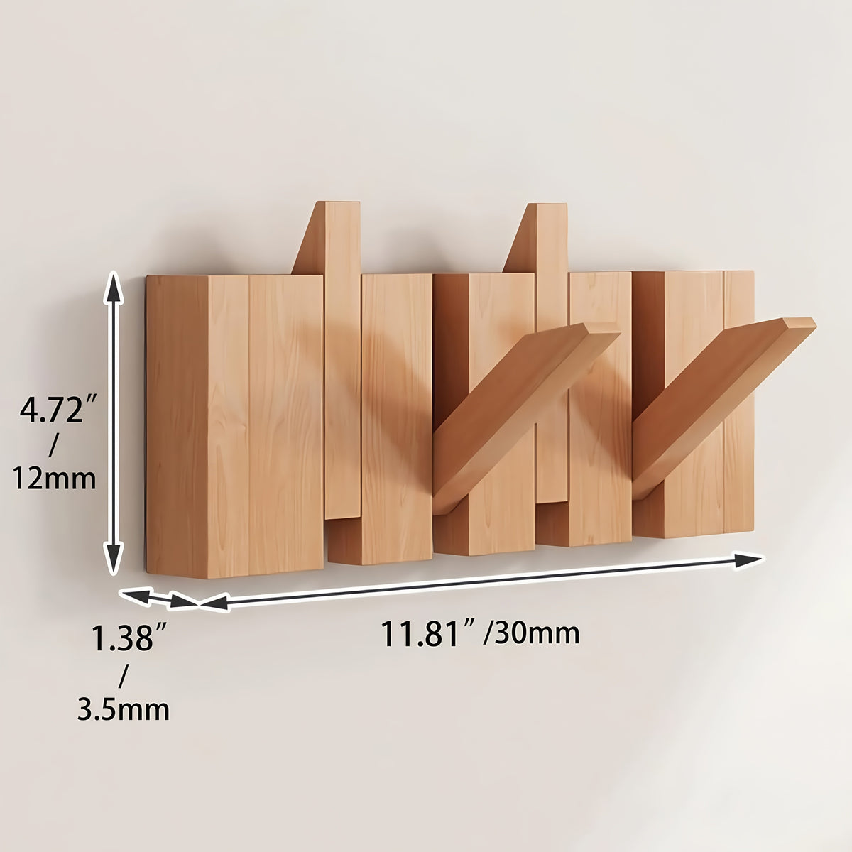 Coat Rack Wall Mounted Wood Piano-Key Rail with Fold-Down Hooks in 4, 6, 8 or 10 Hook Sizes