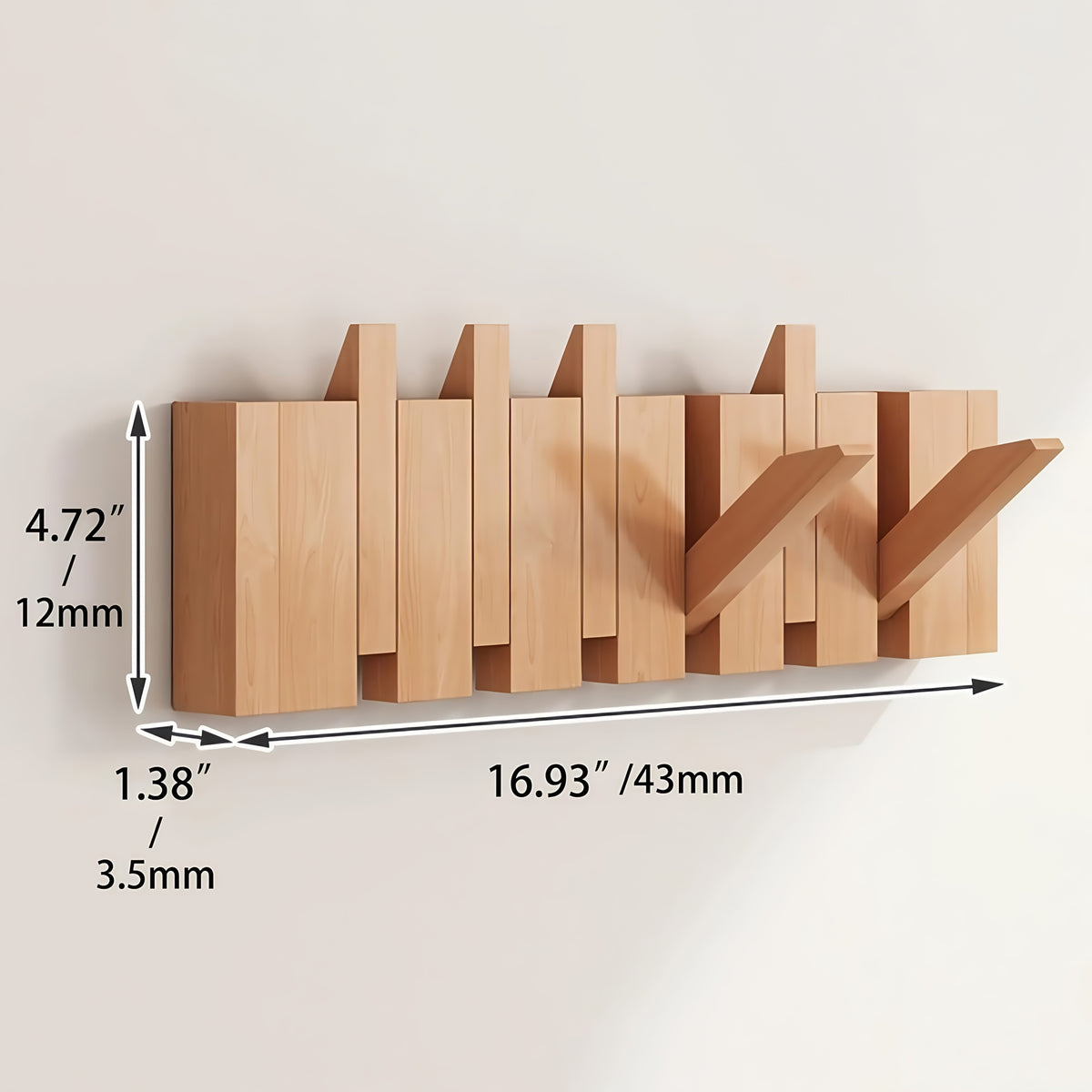 Coat Rack Wall Mounted Wood Piano-Key Rail with Fold-Down Hooks in 4, 6, 8 or 10 Hook Sizes