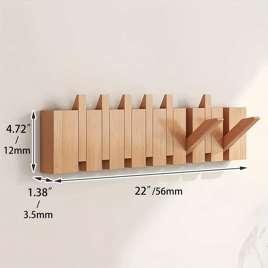 Coat Rack Wall Mounted Wood Piano-Key Rail with Fold-Down Hooks in 4, 6, 8 or 10 Hook Sizes