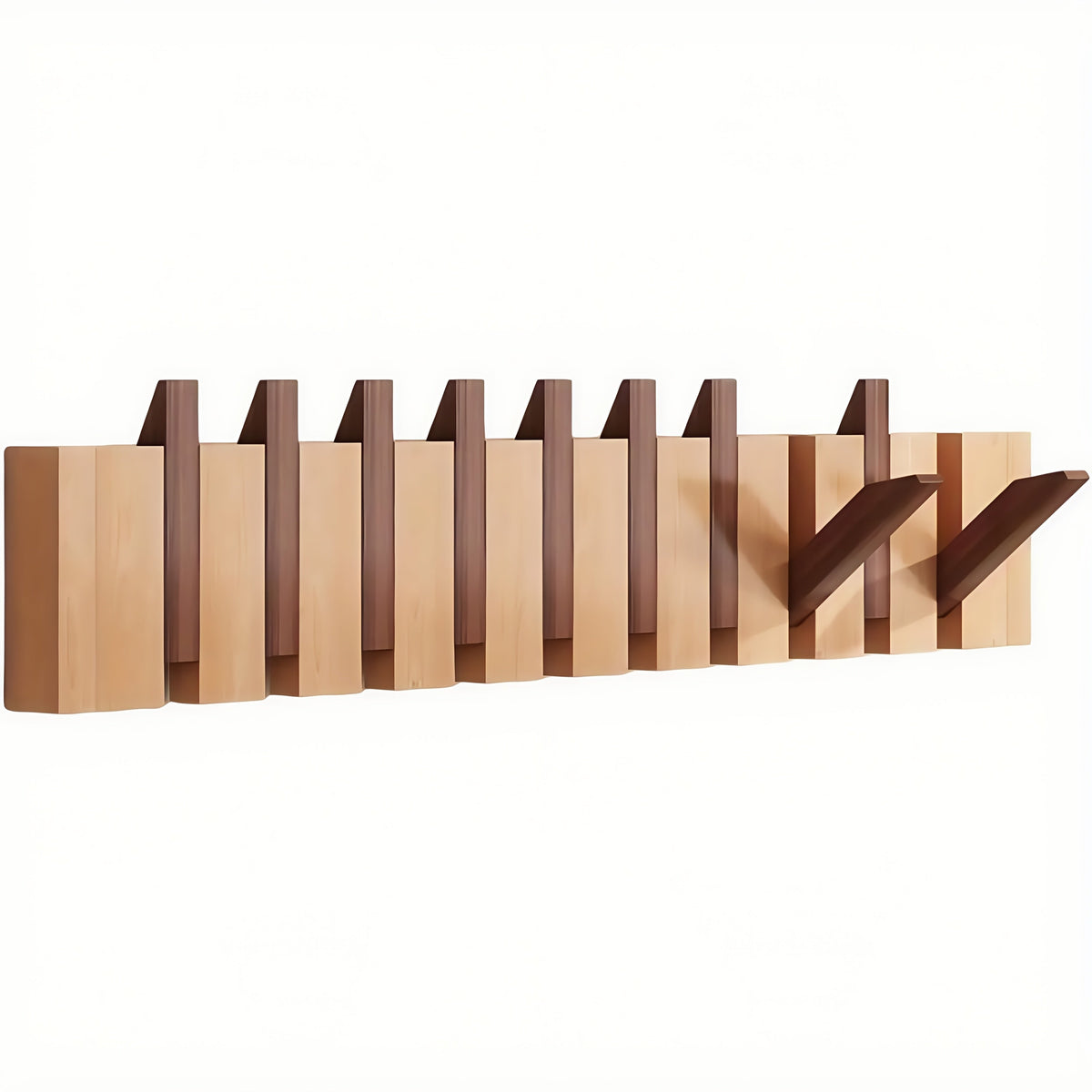 Coat Rack Wall Mounted Wood Piano-Key Rail with Fold-Down Hooks in 4, 6, 8 or 10 Hook Sizes