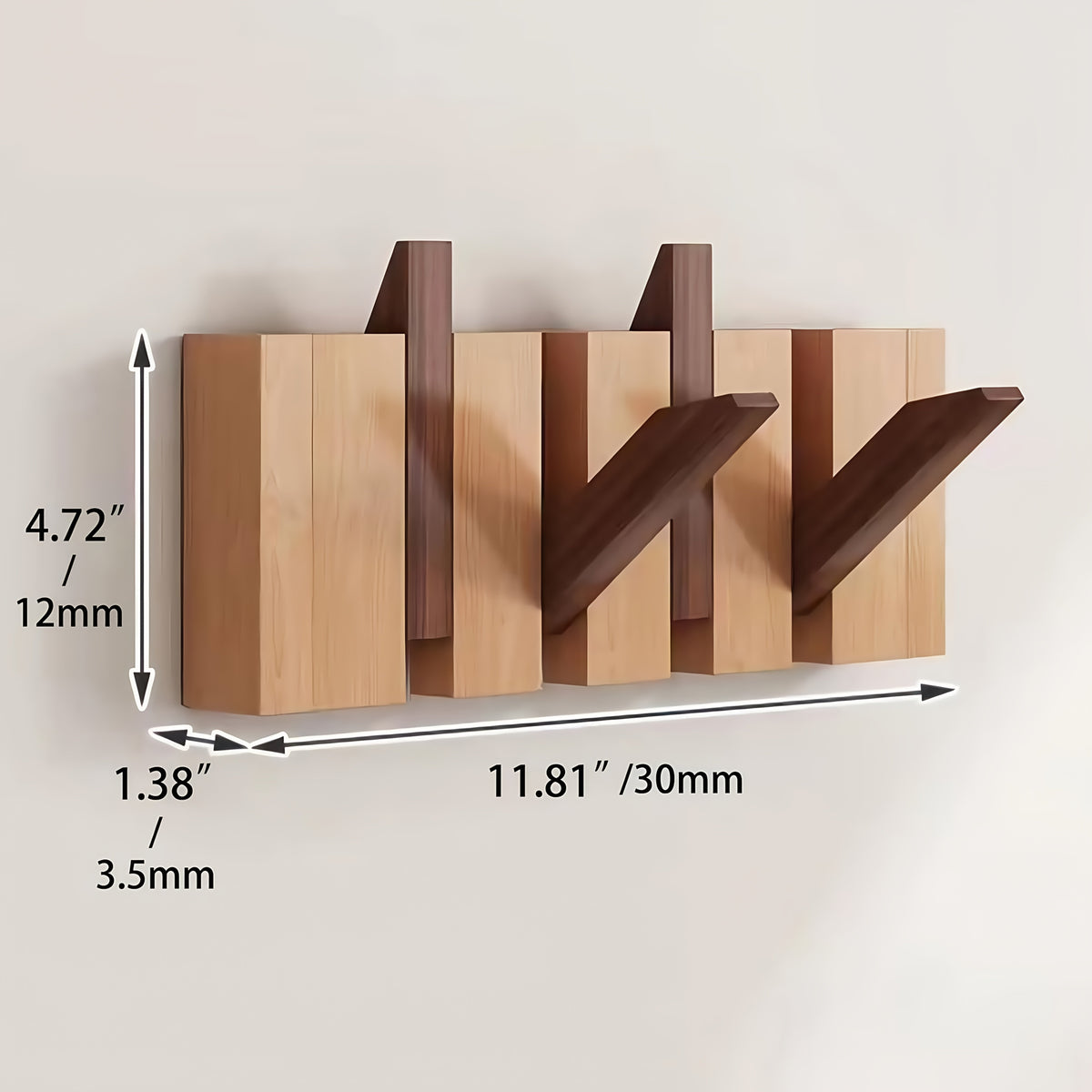 Coat Rack Wall Mounted Wood Piano-Key Rail with Fold-Down Hooks in 4, 6, 8 or 10 Hook Sizes