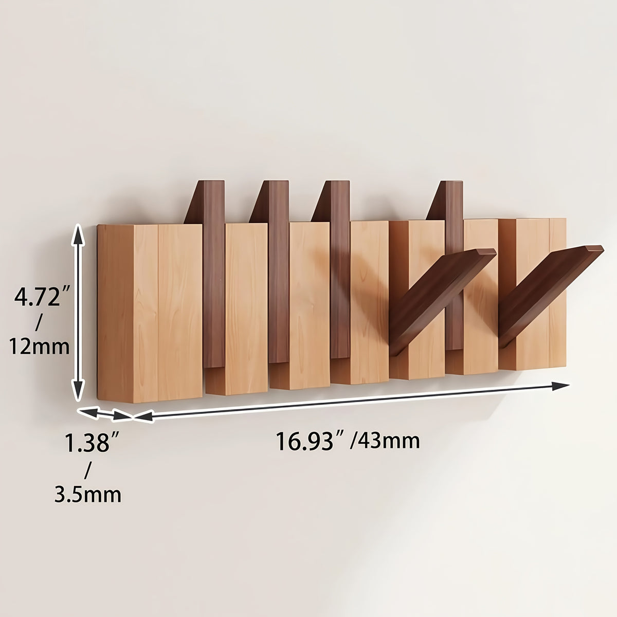Coat Rack Wall Mounted Wood Piano-Key Rail with Fold-Down Hooks in 4, 6, 8 or 10 Hook Sizes