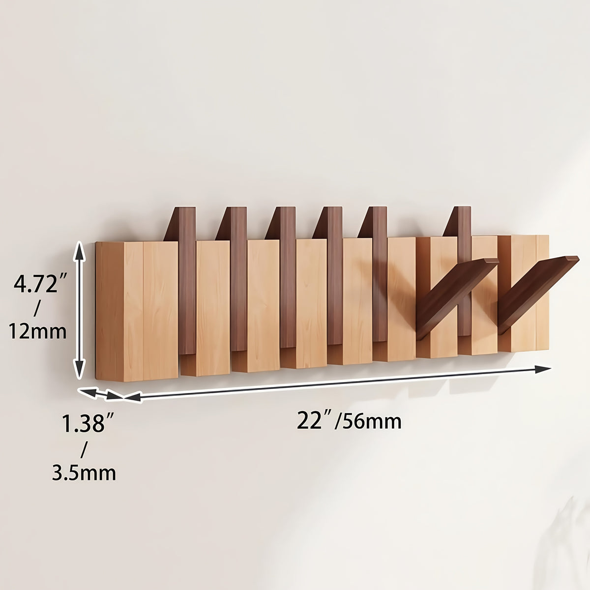 Coat Rack Wall Mounted Wood Piano-Key Rail with Fold-Down Hooks in 4, 6, 8 or 10 Hook Sizes