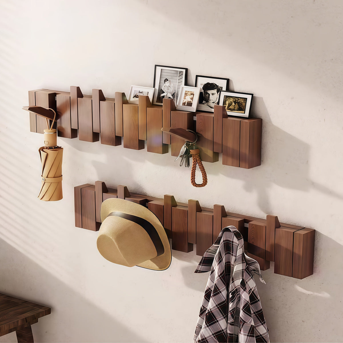 Coat Rack Wall Mounted Wood Piano-Key Rail with Fold-Down Hooks in 4, 6, 8 or 10 Hook Sizes