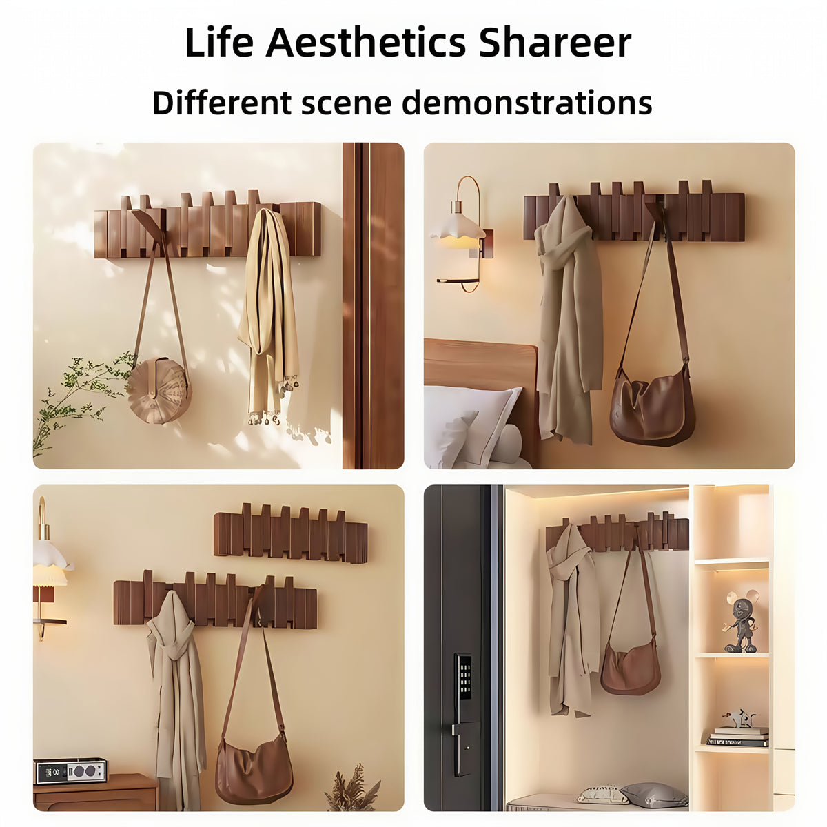 Coat Rack Wall Mounted Wood Piano-Key Rail with Fold-Down Hooks in 4, 6, 8 or 10 Hook Sizes
