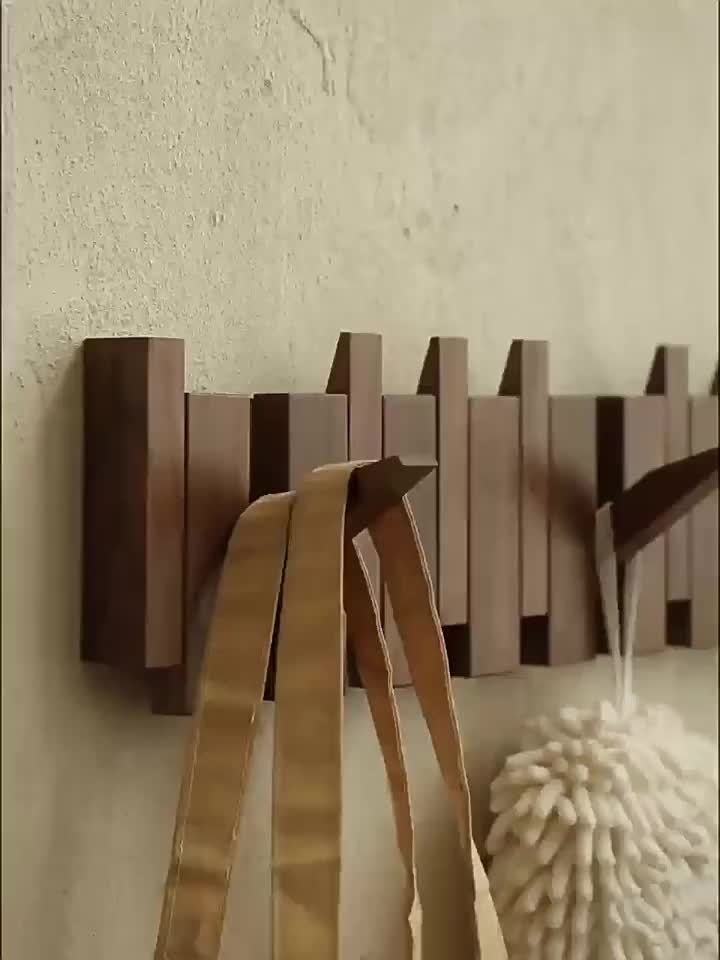 Coat Rack Wall Mounted Wood Piano-Key Rail with Fold-Down Hooks in 4, 6, 8 or 10 Hook Sizes