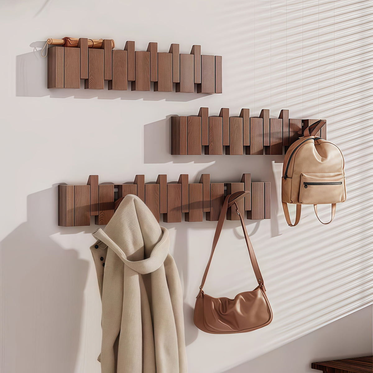 Coat Rack Wall Mounted Wood Piano-Key Rail with Fold-Down Hooks in 4, 6, 8 or 10 Hook Sizes