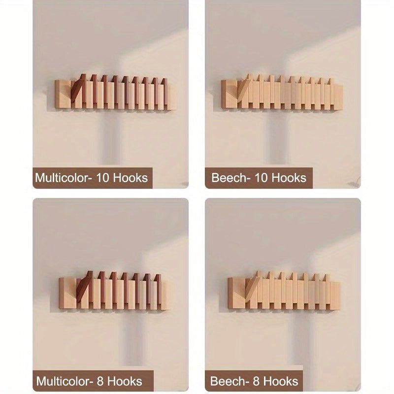 Coat Rack Wall Mounted Wood Piano-Key Rail with Fold-Down Hooks in 4, 6, 8 or 10 Hook Sizes