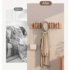 Coat Rack Wall Mounted Wood Piano-Key Rail with Fold-Down Hooks in 4, 6, 8 or 10 Hook Sizes