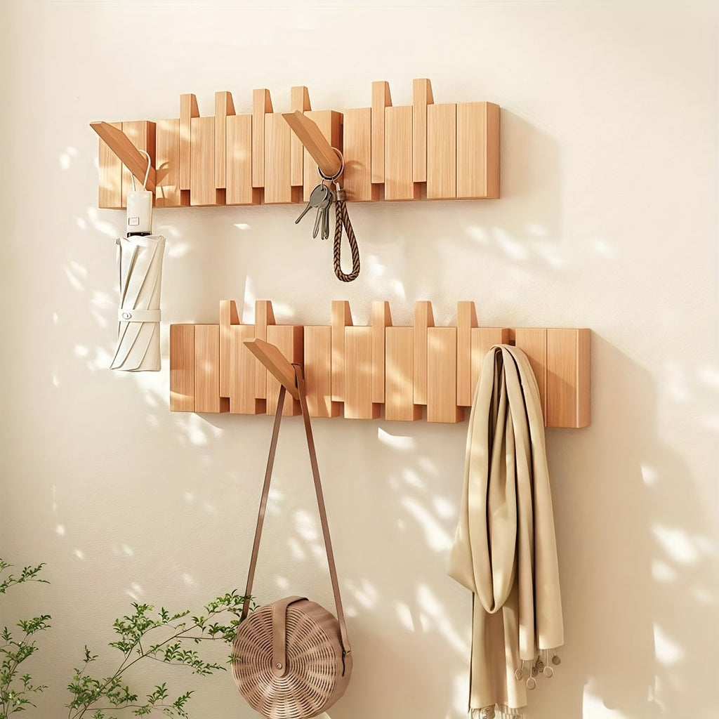 Coat Rack Wall Mounted Wood Piano-Key Rail with Fold-Down Hooks in 4, 6, 8 or 10 Hook Sizes