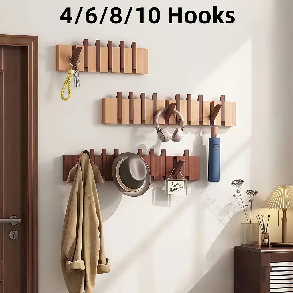 Coat Rack Wall Mounted Wood Piano-Key Rail with Fold-Down Hooks in 4, 6, 8 or 10 Hook Sizes