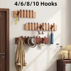 Coat Rack Wall Mounted Wood Piano-Key Rail with Fold-Down Hooks in 4, 6, 8 or 10 Hook Sizes