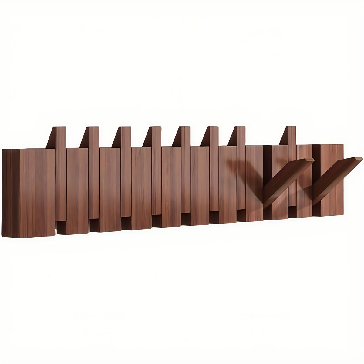 Coat Rack Wall Mounted Wood Piano-Key Rail with Fold-Down Hooks in 4, 6, 8 or 10 Hook Sizes
