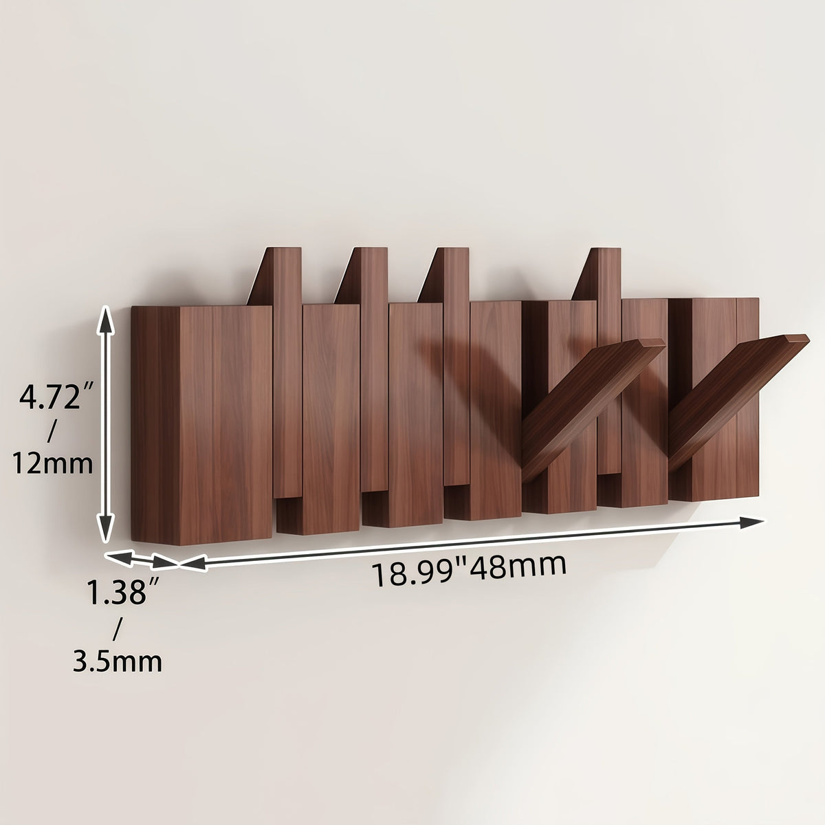 Coat Rack Wall Mounted Wood Piano-Key Rail with Fold-Down Hooks in 4, 6, 8 or 10 Hook Sizes