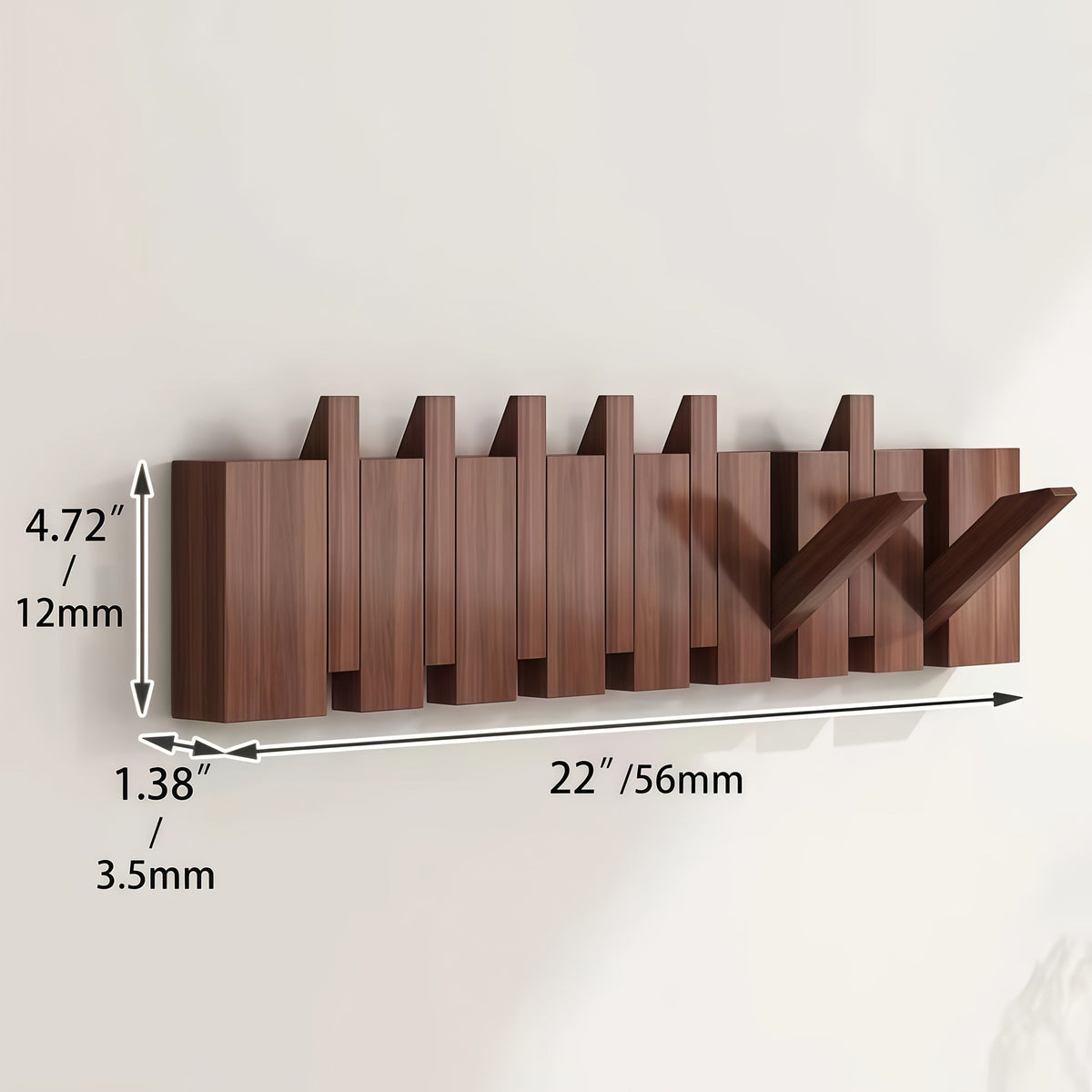 Coat Rack Wall Mounted Wood Piano-Key Rail with Fold-Down Hooks in 4, 6, 8 or 10 Hook Sizes