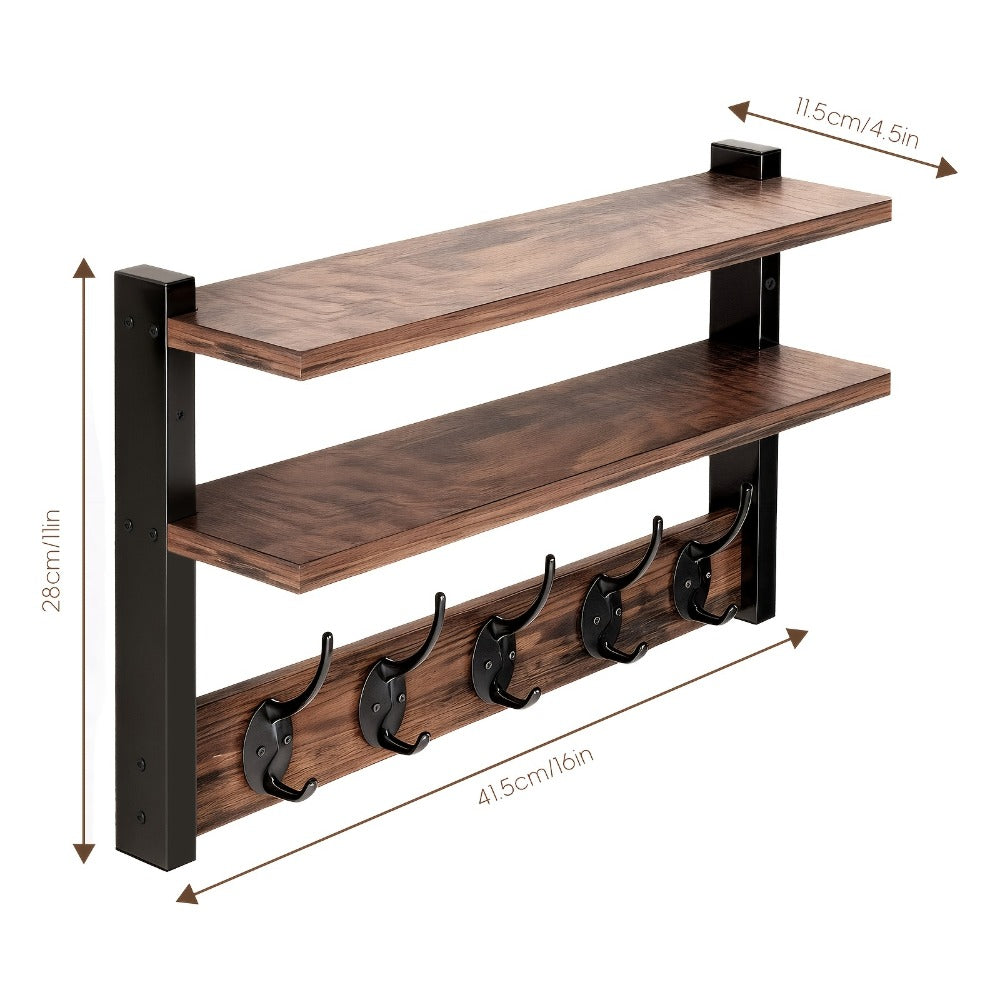 Wall-Mounted Shelf and Hook Organizer with Two Walnut-Color Shelves, Dark Side Frames and Five Hooks