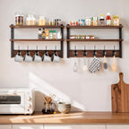 Wall-Mounted Shelf and Hook Organizer with Two Walnut-Color Shelves, Dark Side Frames and Five Hooks