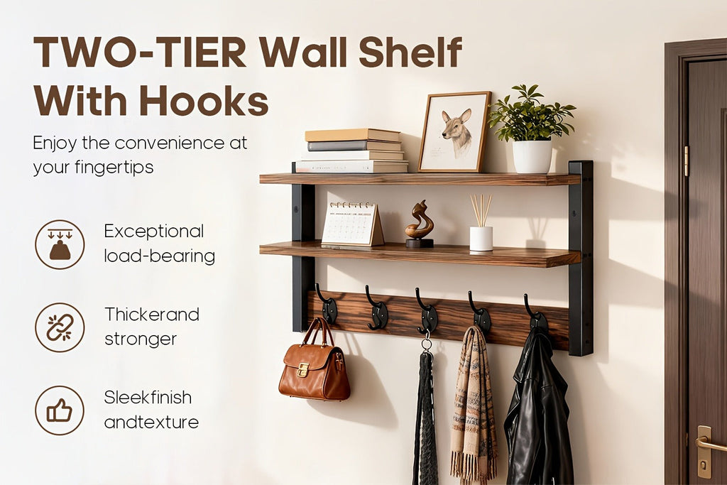 Wall-Mounted Shelf and Hook Organizer with Two Walnut-Color Shelves, Dark Side Frames and Five Hooks