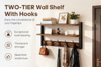 Wall-Mounted Shelf and Hook Organizer with Two Walnut-Color Shelves, Dark Side Frames and Five Hooks