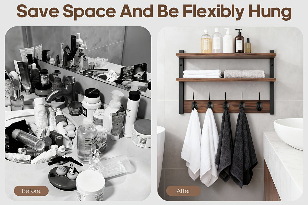Wall-Mounted Shelf and Hook Organizer with Two Walnut-Color Shelves, Dark Side Frames and Five Hooks
