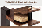 Wall-Mounted Shelf and Hook Organizer with Two Walnut-Color Shelves, Dark Side Frames and Five Hooks
