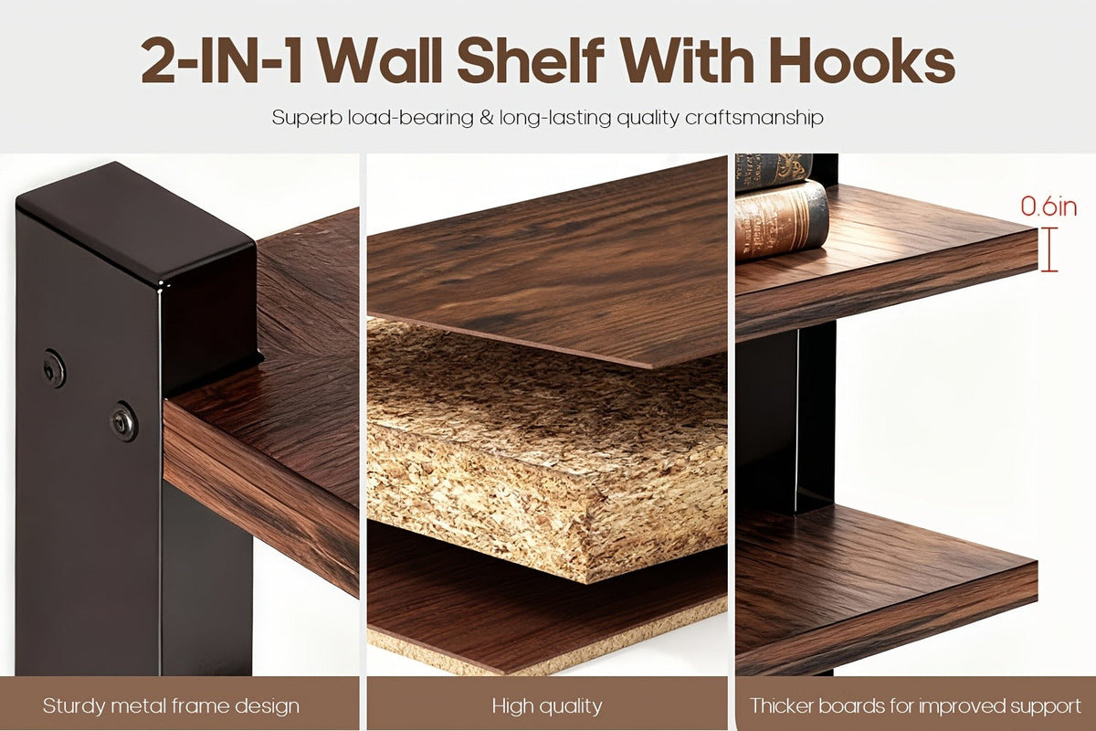Wall-Mounted Shelf and Hook Organizer with Two Walnut-Color Shelves, Dark Side Frames and Five Hooks