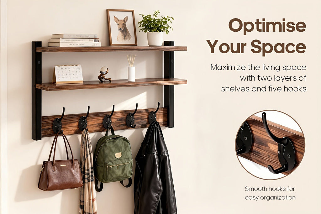 Wall-Mounted Shelf and Hook Organizer with Two Walnut-Color Shelves, Dark Side Frames and Five Hooks