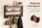 Wall-Mounted Shelf and Hook Organizer with Two Walnut-Color Shelves, Dark Side Frames and Five Hooks