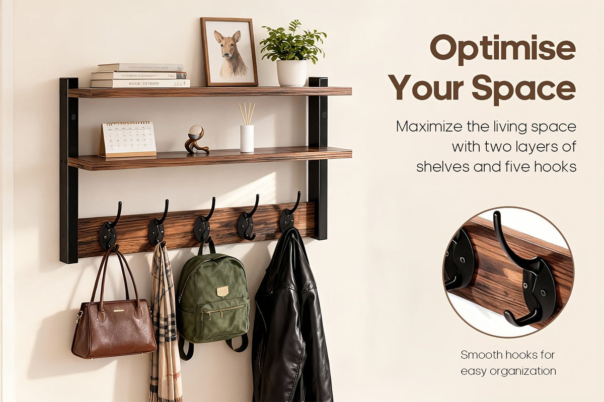 Wall-Mounted Shelf and Hook Organizer with Two Walnut-Color Shelves, Dark Side Frames and Five Hooks