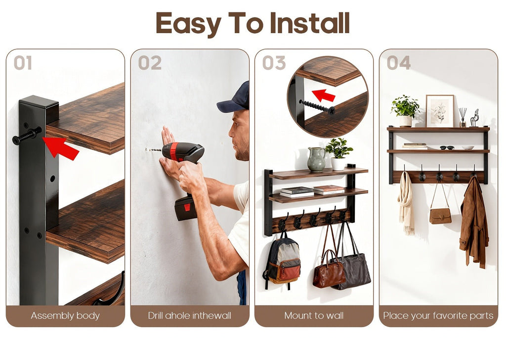 Wall-Mounted Shelf and Hook Organizer with Two Walnut-Color Shelves, Dark Side Frames and Five Hooks