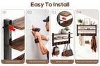Wall-Mounted Shelf and Hook Organizer with Two Walnut-Color Shelves, Dark Side Frames and Five Hooks