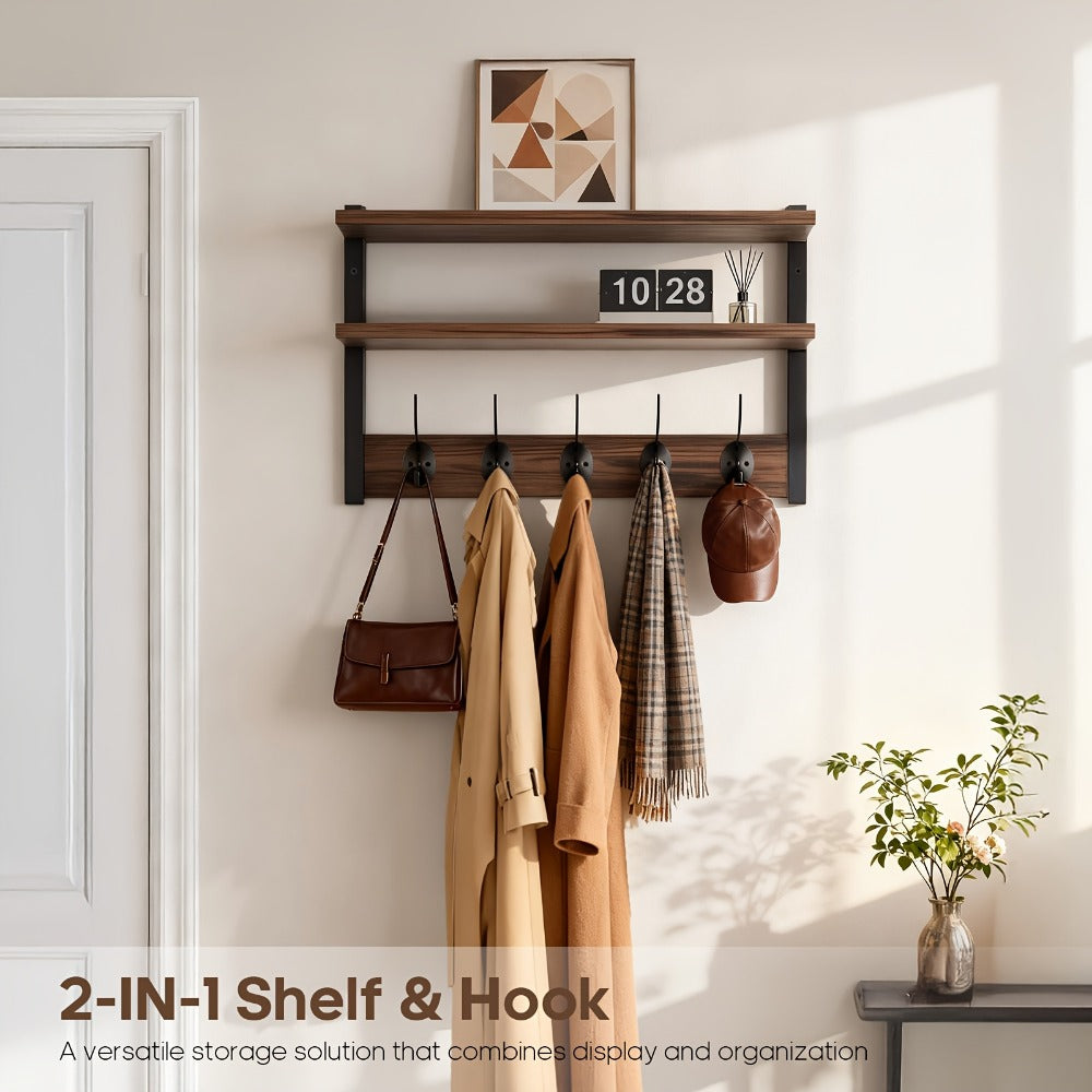 Wall-Mounted Shelf and Hook Organizer with Two Walnut-Color Shelves, Dark Side Frames and Five Hooks