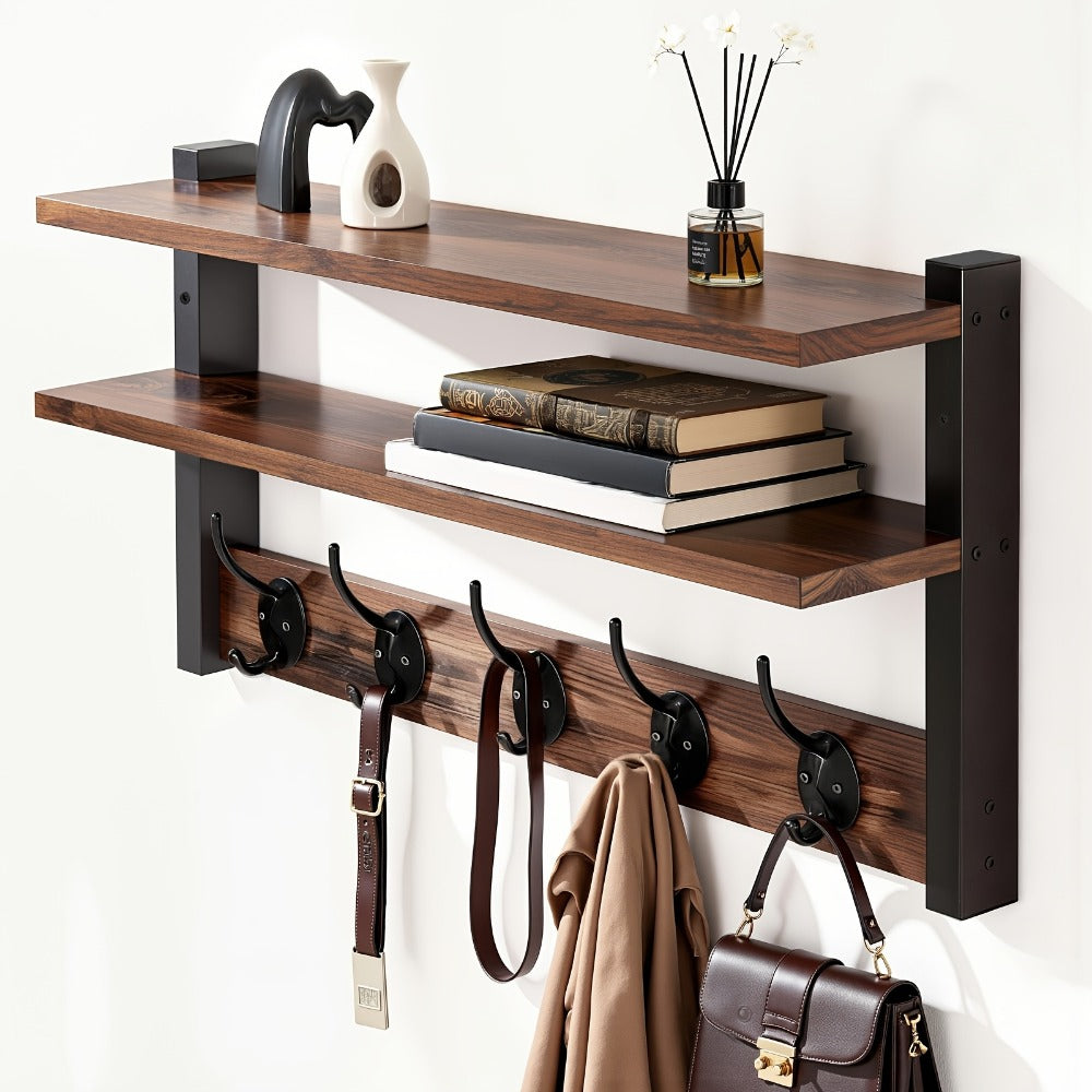 Wall-Mounted Shelf and Hook Organizer with Two Walnut-Color Shelves, Dark Side Frames and Five Hooks
