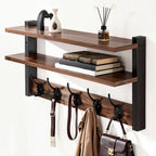 Wall-Mounted Shelf and Hook Organizer with Two Walnut-Color Shelves, Dark Side Frames and Five Hooks