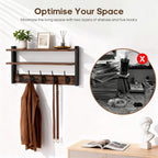 Wall-Mounted Shelf and Hook Organizer with Two Walnut-Color Shelves, Dark Side Frames and Five Hooks