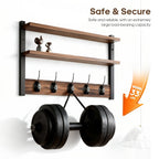 Wall-Mounted Shelf and Hook Organizer with Two Walnut-Color Shelves, Dark Side Frames and Five Hooks