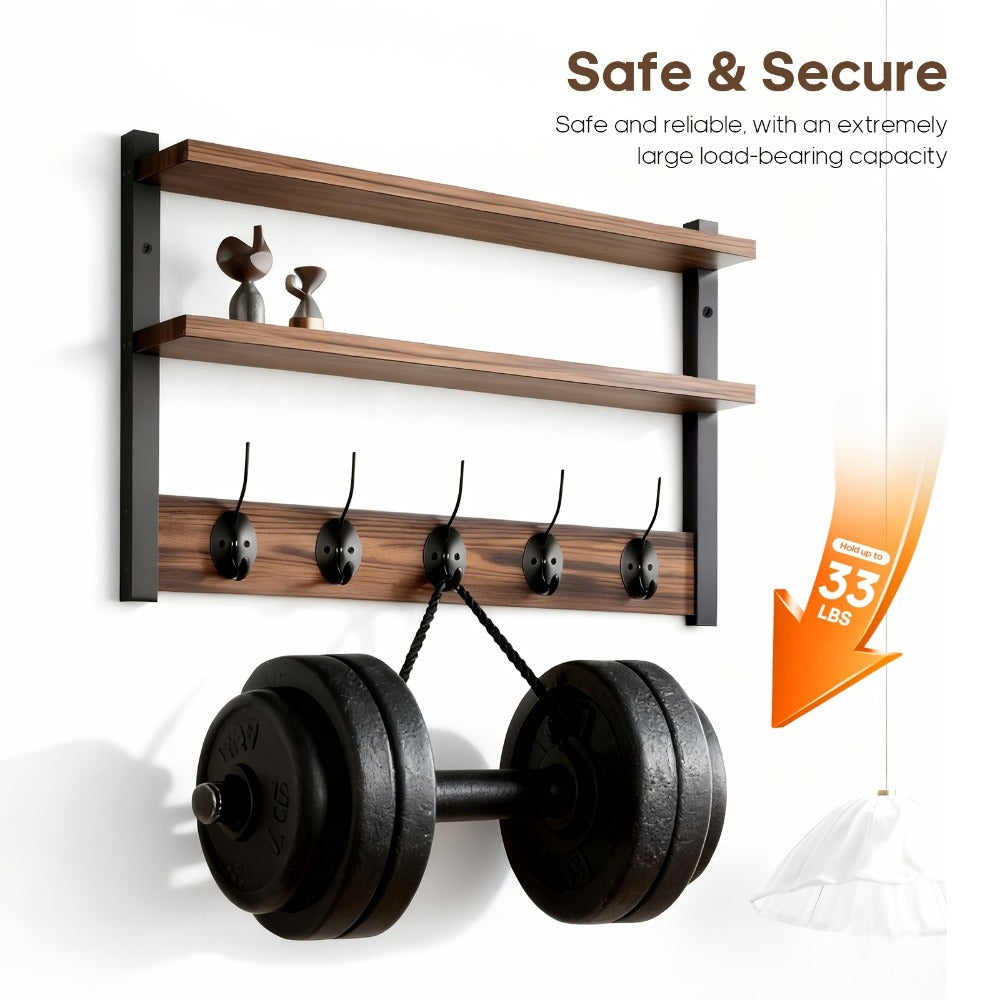 Wall-Mounted Shelf and Hook Organizer with Two Walnut-Color Shelves, Dark Side Frames and Five Hooks