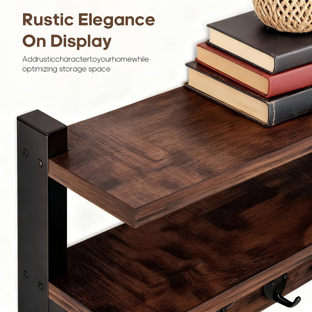 Wall-Mounted Shelf and Hook Organizer with Two Walnut-Color Shelves, Dark Side Frames and Five Hooks