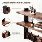 Wall-Mounted Shelf and Hook Organizer with Two Walnut-Color Shelves, Dark Side Frames and Five Hooks
