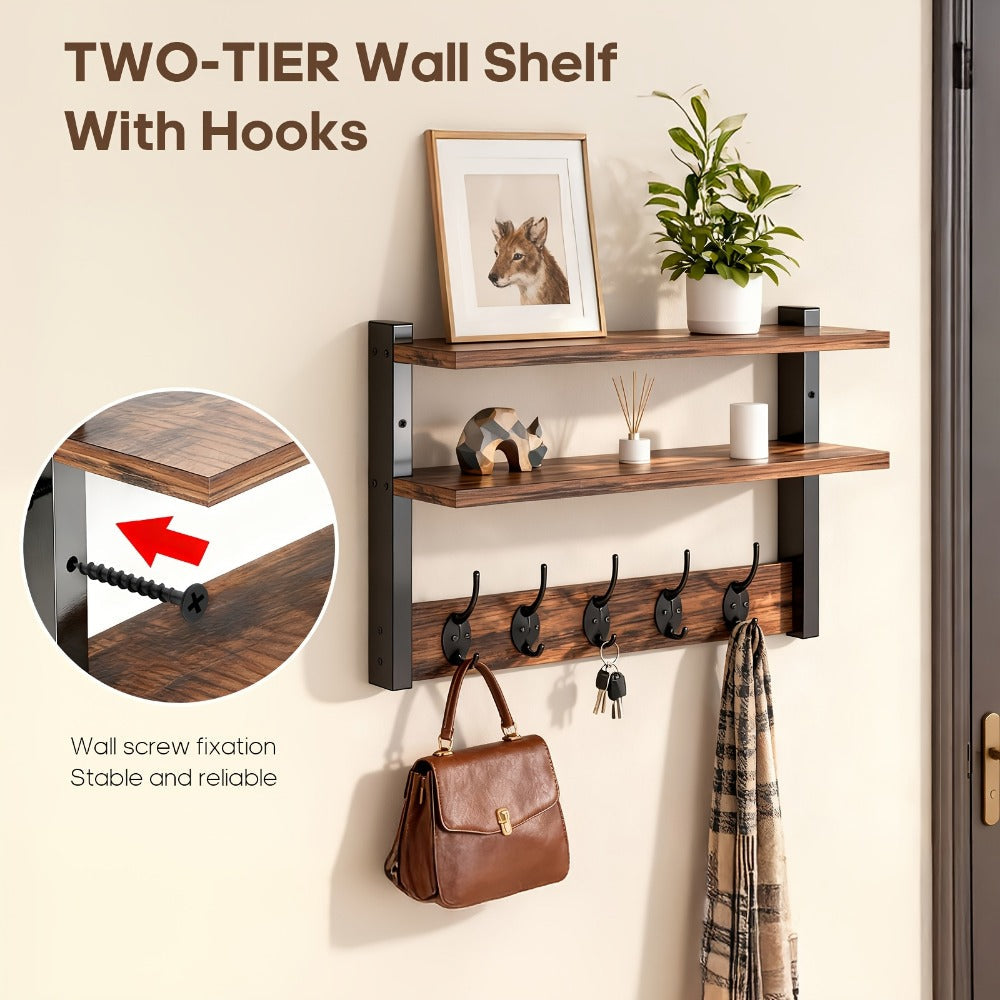 Wall-Mounted Shelf and Hook Organizer with Two Walnut-Color Shelves, Dark Side Frames and Five Hooks