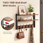Wall-Mounted Shelf and Hook Organizer with Two Walnut-Color Shelves, Dark Side Frames and Five Hooks