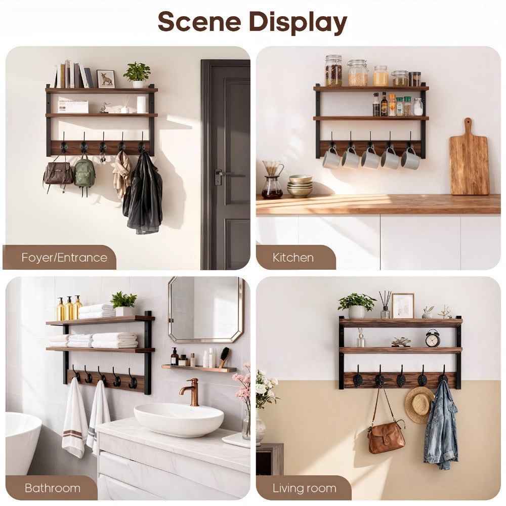 Wall-Mounted Shelf and Hook Organizer with Two Walnut-Color Shelves, Dark Side Frames and Five Hooks