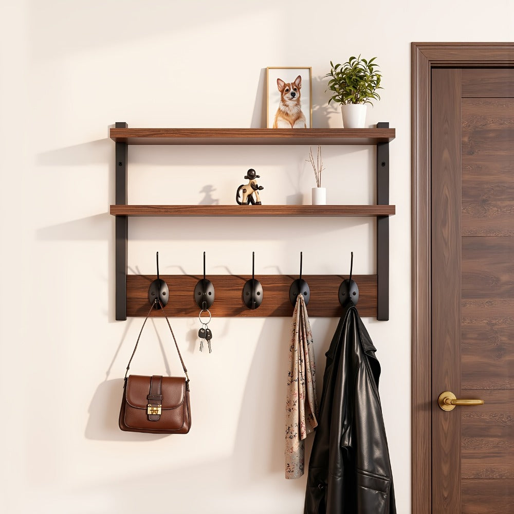 Wall-Mounted Shelf and Hook Organizer with Two Walnut-Color Shelves, Dark Side Frames and Five Hooks