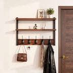 Wall-Mounted Shelf and Hook Organizer with Two Walnut-Color Shelves, Dark Side Frames and Five Hooks